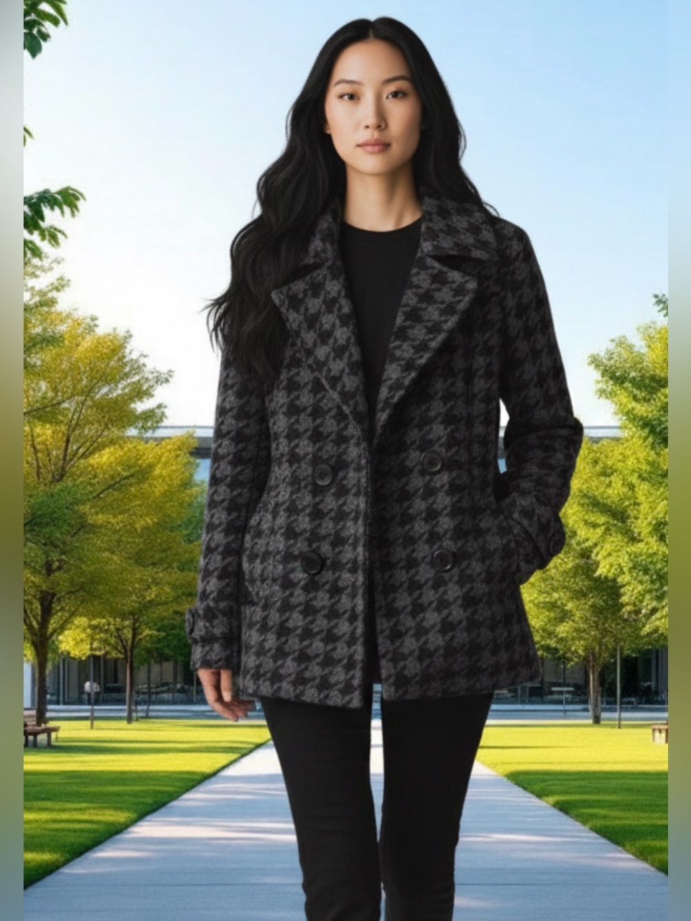 Bailey 44 Black and Gray Houndstooth Patterned Coat size 6